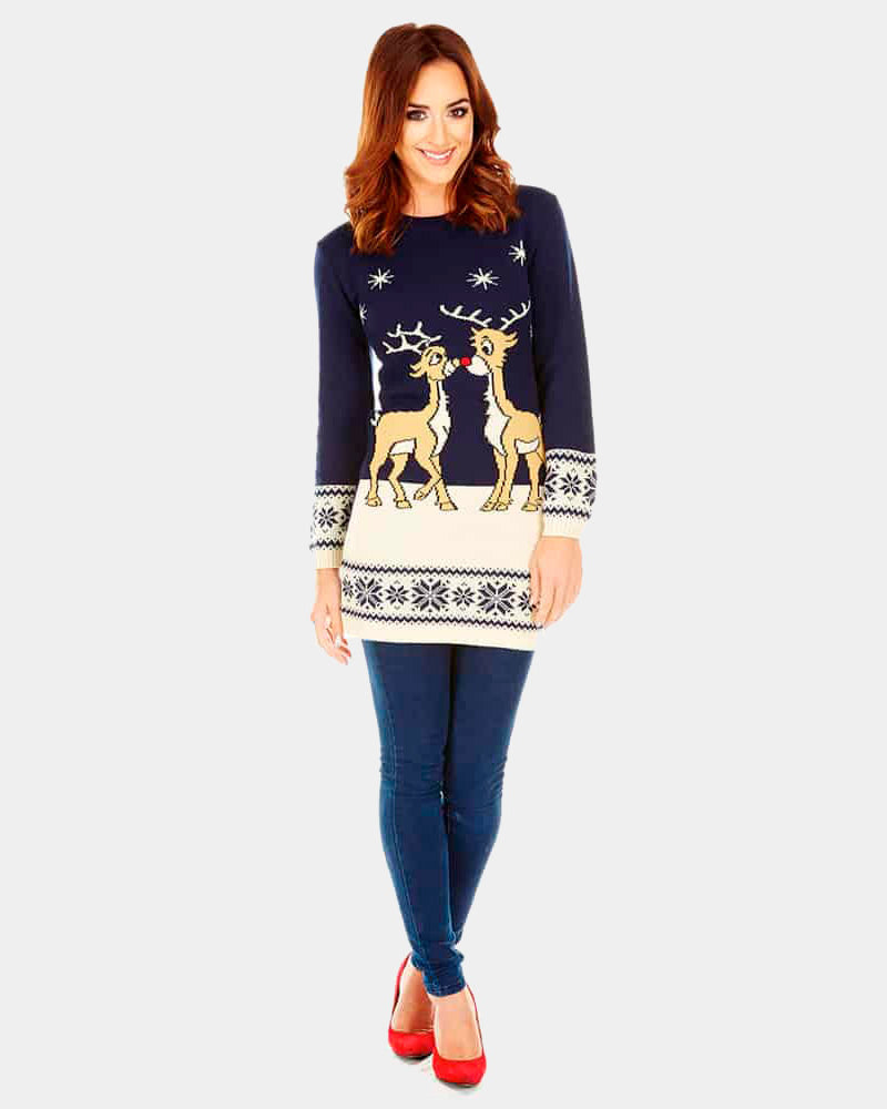 Vestido Navideño mujer Azul con Renos Bebé