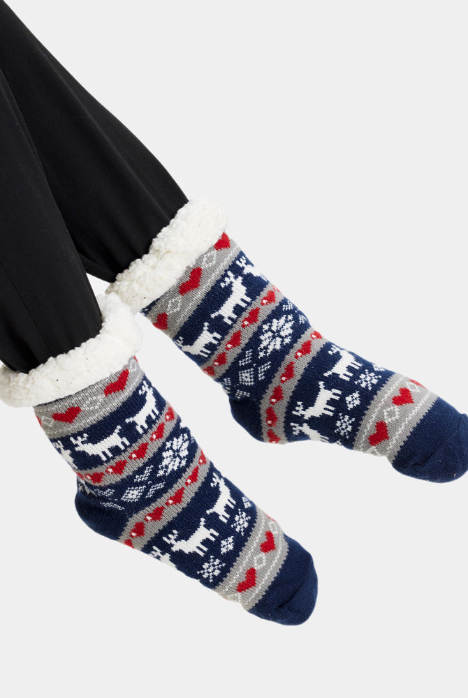 Calcetines de Navidad de Andar por Casa Azules con Renos y Nieve Mujer y Hombre