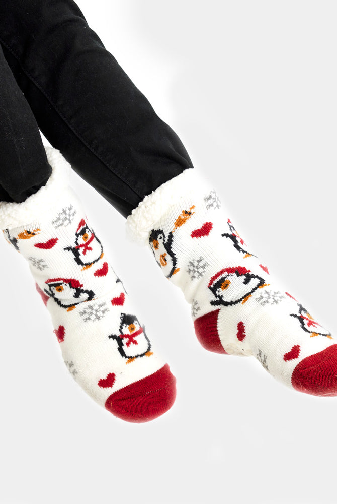 Calcetines de Navidad de Andar por Casa Blancos Pingüinos y Corazones Mujer y Hombre