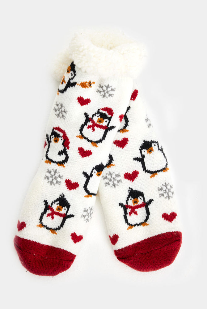 Calcetines de Navidad de Andar por Casa Blancos Pingüinos y Corazones