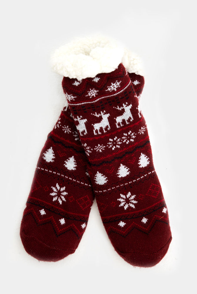 Calcetines de Navidad de Andar por Casa Burdeos con Cenefas