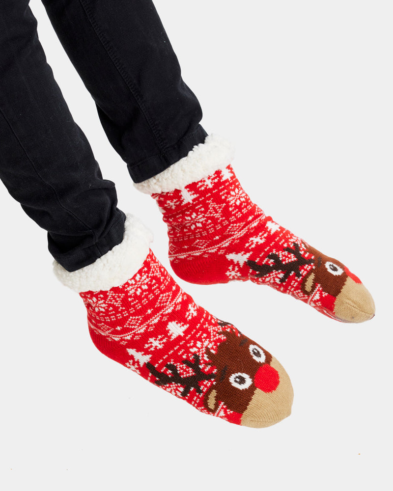 Calcetines de Navidad de Andar por Casa Rojos Cenefas y Renos Hombre y Mujer