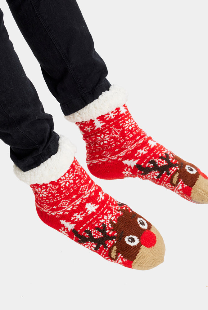 Calcetines de Navidad de Andar por Casa Rojos Cenefas y Renos Hombre y Mujer
