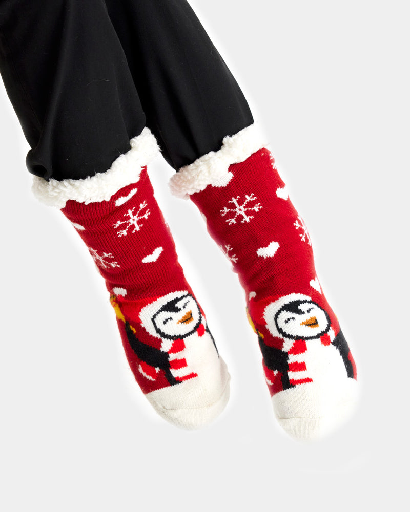 Calcetines de Navidad de Andar por Casa Rojos con Pingüino Mujer y Hombre