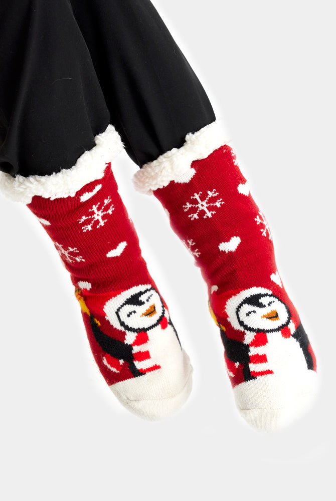 Calcetines de Navidad de Andar por Casa Rojos con Pingüino Mujer y Hombre