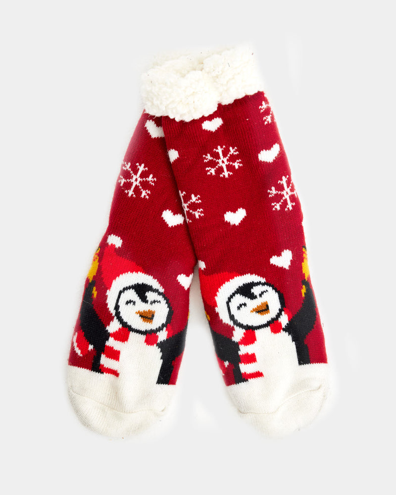 Calcetines de Navidad de Andar por Casa Rojos con Pingüino