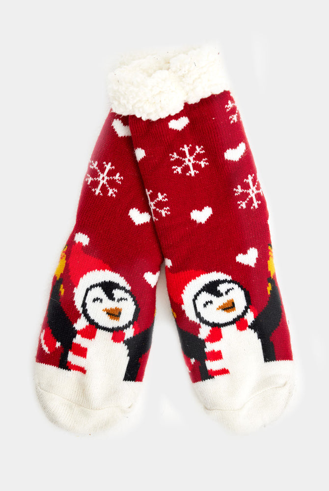 Calcetines de Navidad de Andar por Casa Rojos con Pingüino