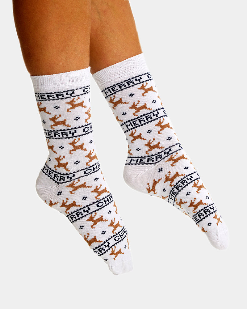 Calcetines de Navidad Unisex Elegantes Blancos con Renos Hombre y Mujer