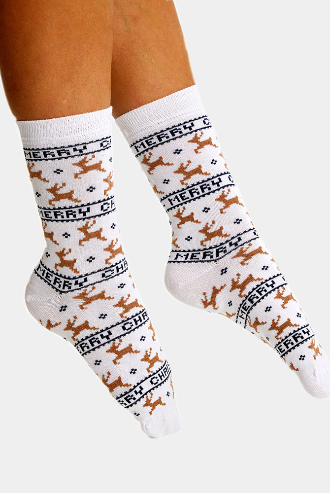 Calcetines de Navidad Unisex Elegantes Blancos con Renos Hombre y Mujer