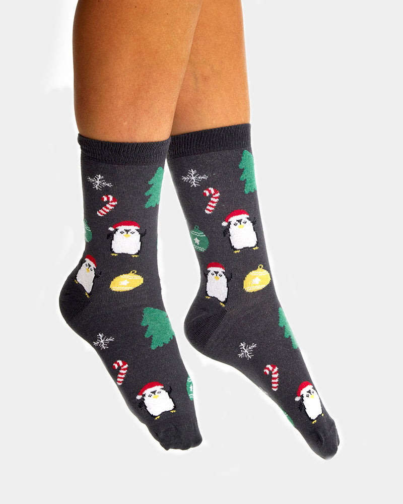 Calcetines de Navidad Unisex Grises con Árboles y Pingüinos Mujer y Hombre