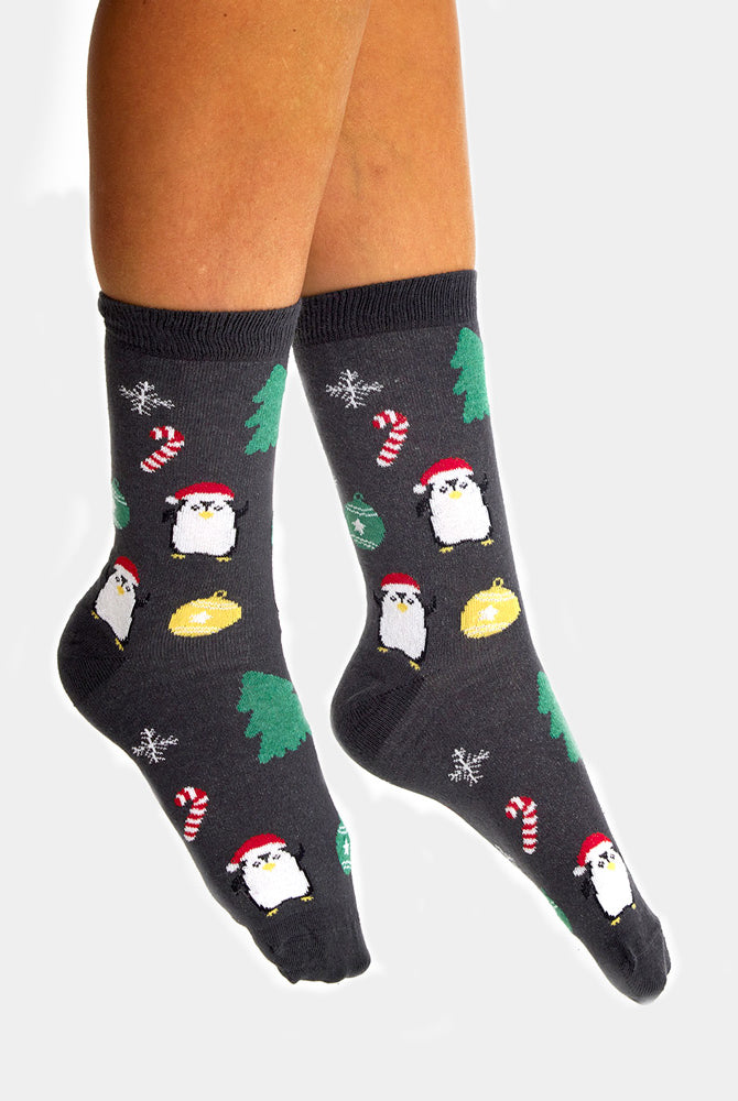 Calcetines de Navidad Unisex Grises con Árboles y Pingüinos Mujer y Hombre