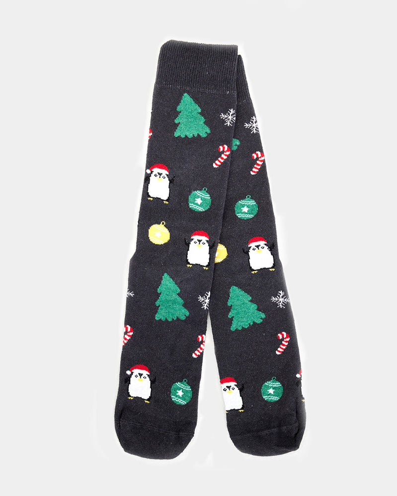 Calcetines de Navidad Unisex Grises con Árboles y Pingüinos
