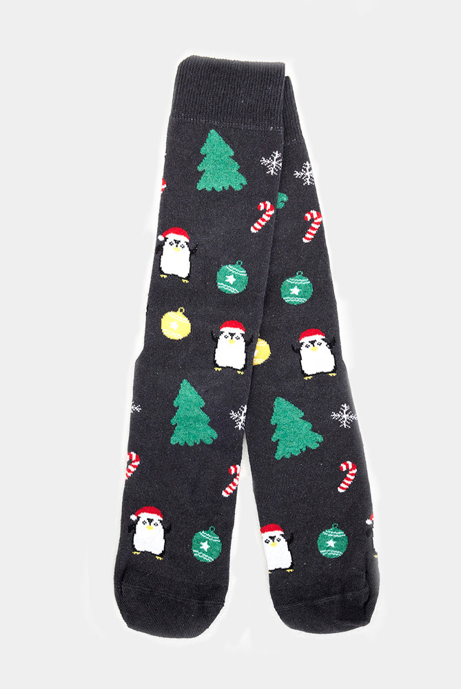 Calcetines de Navidad Unisex Grises con Árboles y Pingüinos