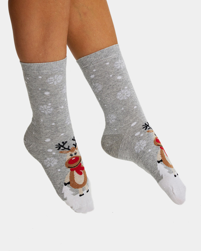 Calcetines de Navidad Unisex Grises con Renas Cute Mujer y Hombre