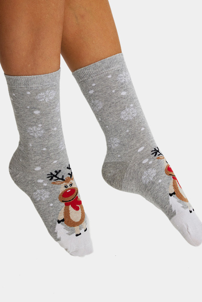 Calcetines de Navidad Unisex Grises con Renas Cute Mujer y Hombre