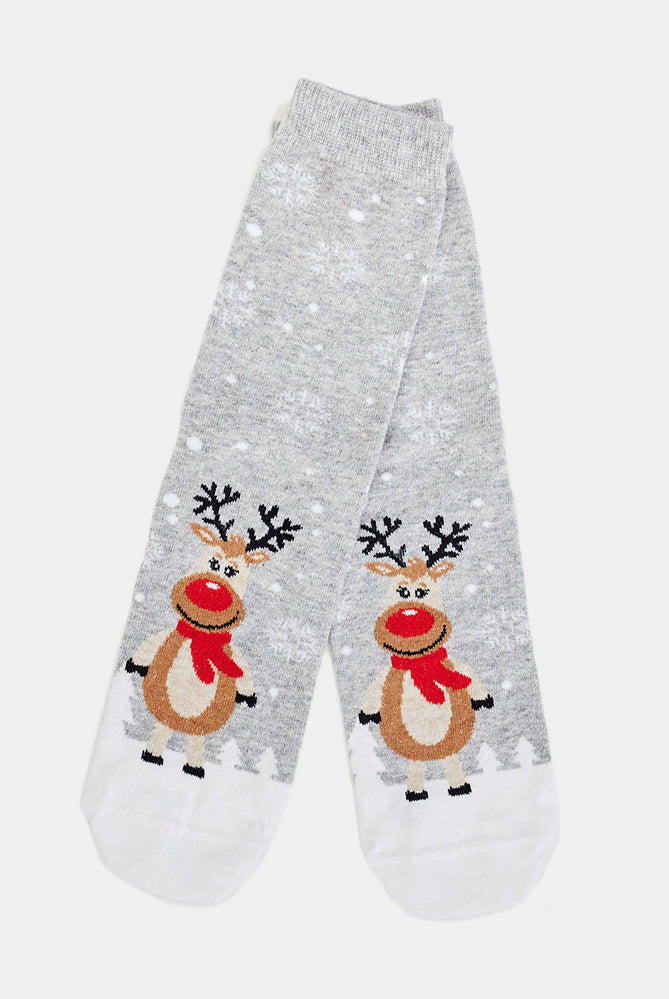 Calcetines de Navidad Unisex Grises con Renas Cute