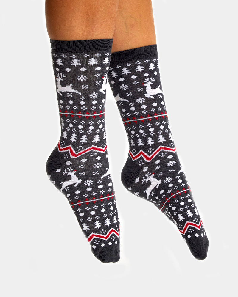 Calcetines de Navidad Unisex Grises Renos y Árboles Hombre y Mujer
