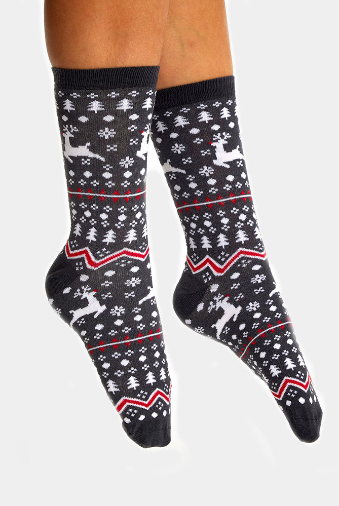 Calcetines de Navidad Unisex Grises Renos y Árboles Hombre y Mujer