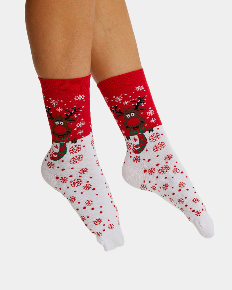 Calcetines de Navidad Unisex Rojos Reno con Bufanda Mujer y Hombre
