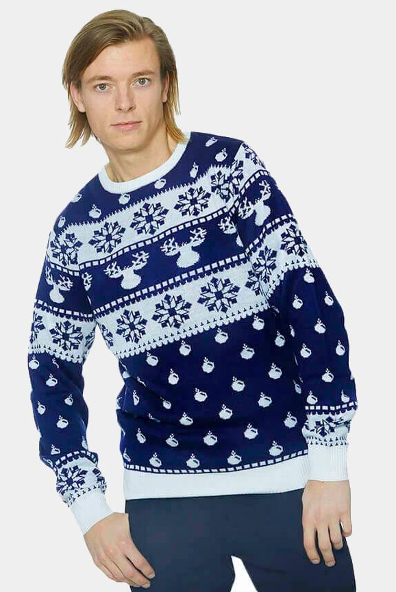 Jersey de Navidad para Adultos con Renos y Nieve Azul 2021 Hombre