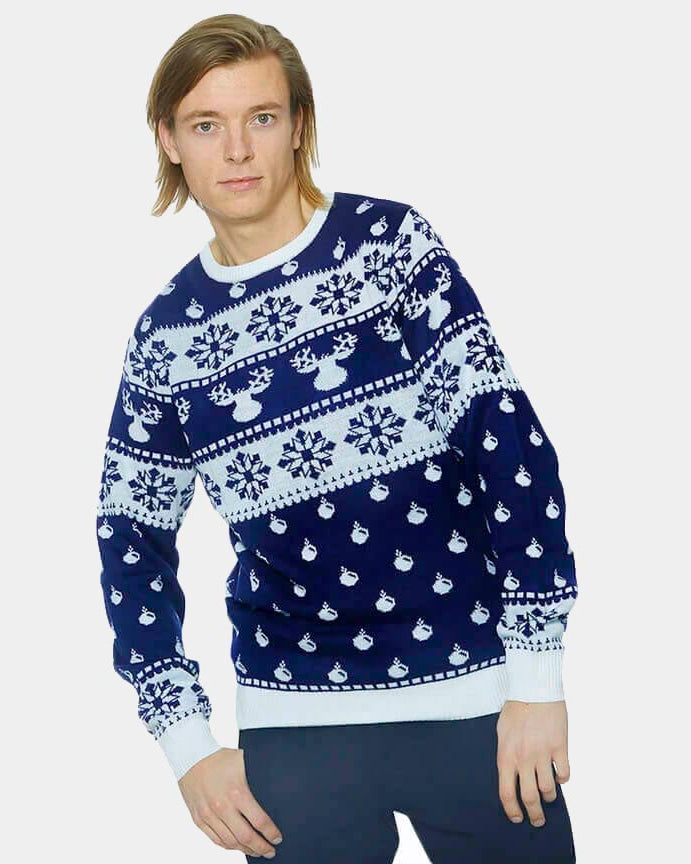 Jersey de Navidad para Adultos con Renos y Nieve Azul 2021 Hombre