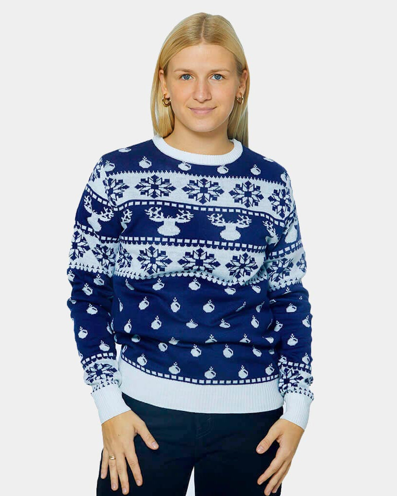 Jersey de Navidad para Adultos con Renos y Nieve Azul 2021 Mujer