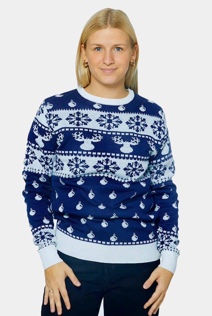 Jersey de Navidad para Adultos con Renos y Nieve Azul 2021 Mujer