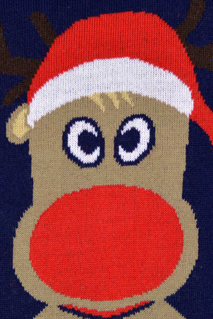 Jersey de Navidad Azul Marino Parejas con Reno de Papá Noel Detalle