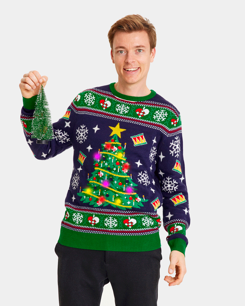 Jersey de Navidad con Luces LED para Familia Azul con Árbol Navidad Hombre