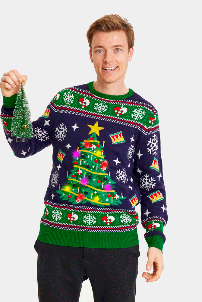 Jersey de Navidad con Luces LED para Familia Azul con Árbol Navidad Hombre