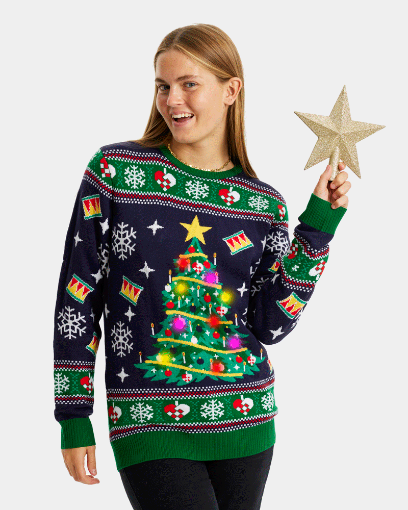 Jersey de Navidad con Luces LED para Familia Azul con Árbol Navidad Mujer
