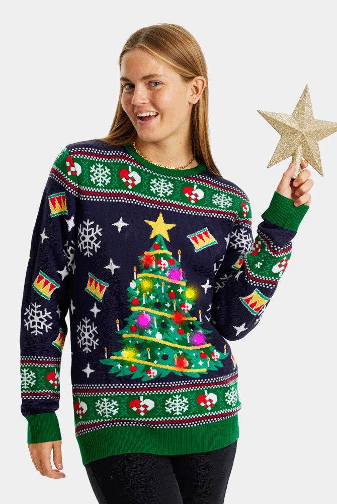 Jersey de Navidad con Luces LED para Familia Azul con Árbol Navidad Mujer