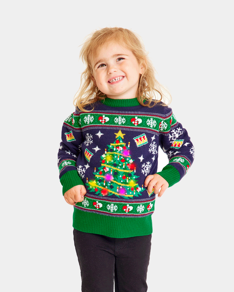 Jersey de Navidad con Luces LED para Familia Azul con Árbol Navidad Niña