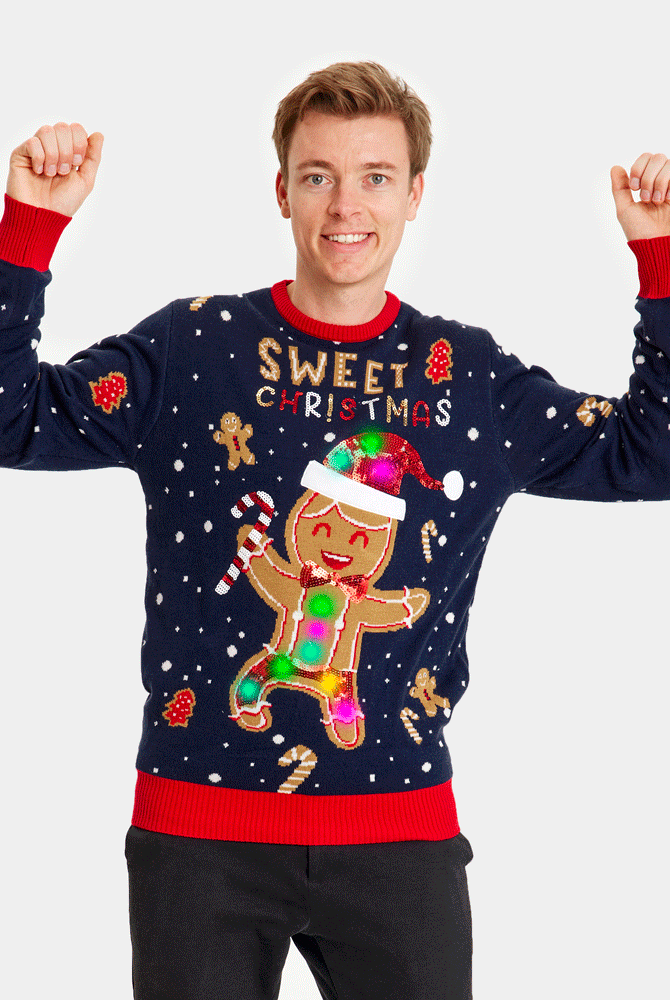 Jersey de Navidad con Luces LED para Familia Azul Ginger Cookie Hombre