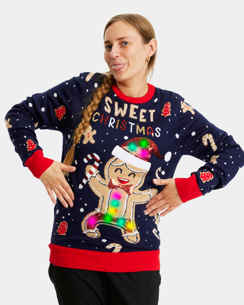 Jersey de Navidad con Luces LED para Familia Azul Ginger Cookie Mujer