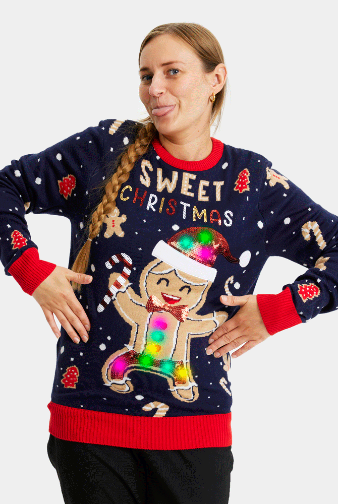 Jersey de Navidad con Luces LED para Familia Azul Ginger Cookie Mujer