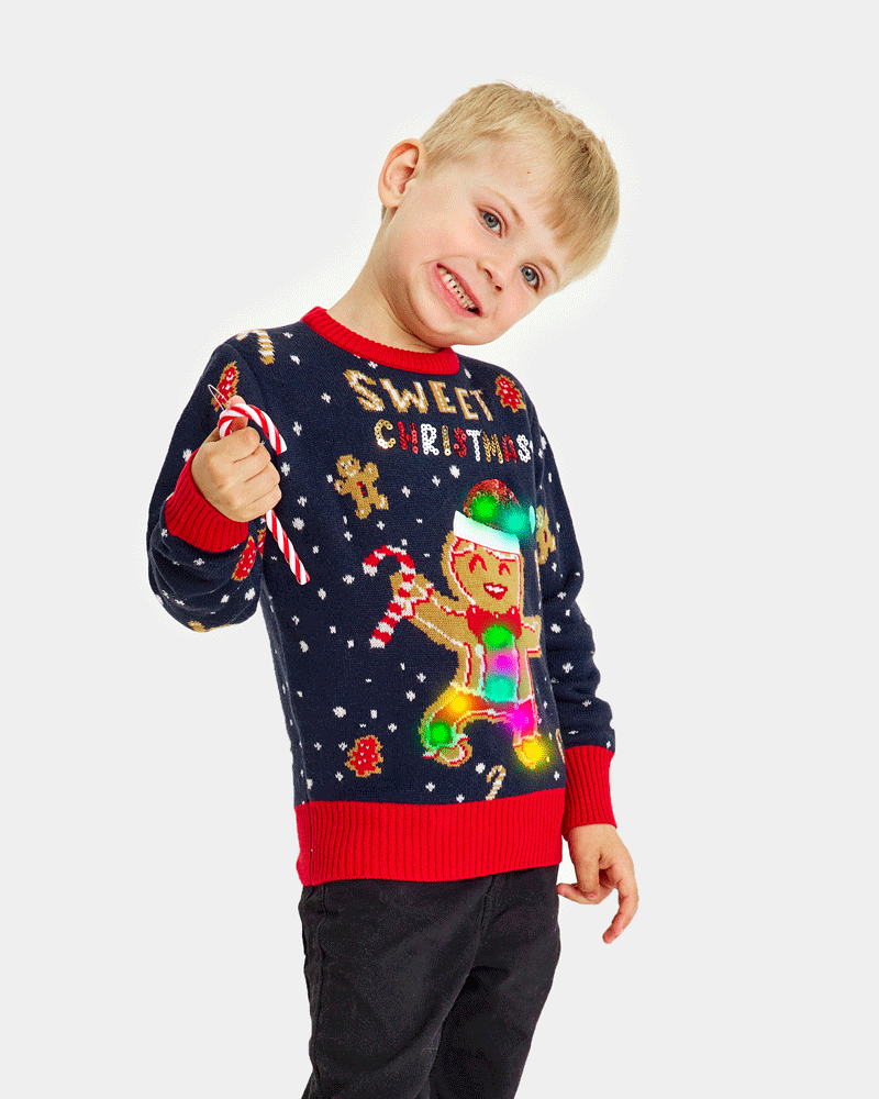 Jersey de Navidad con Luces LED para Familia Azul Ginger Cookie Niño