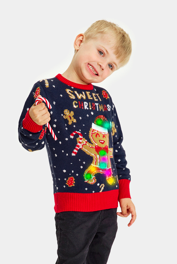 Jersey de Navidad con Luces LED para Familia Azul Ginger Cookie Niño