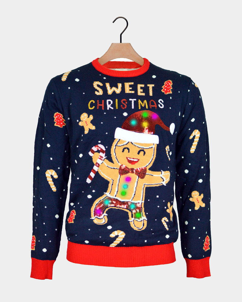 Jersey de Navidad con Luces LED para Familia Azul Ginger Cookie