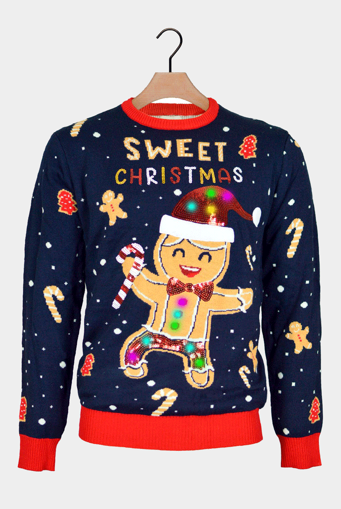 Jersey de Navidad con Luces LED para Hombre Azul Ginger Cookie