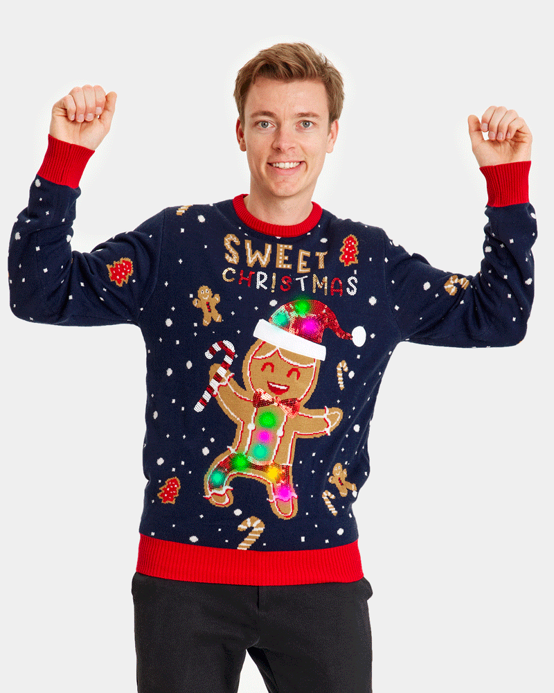 Jersey de Navidad con Luces LED Hombre Azul Ginger Cookie