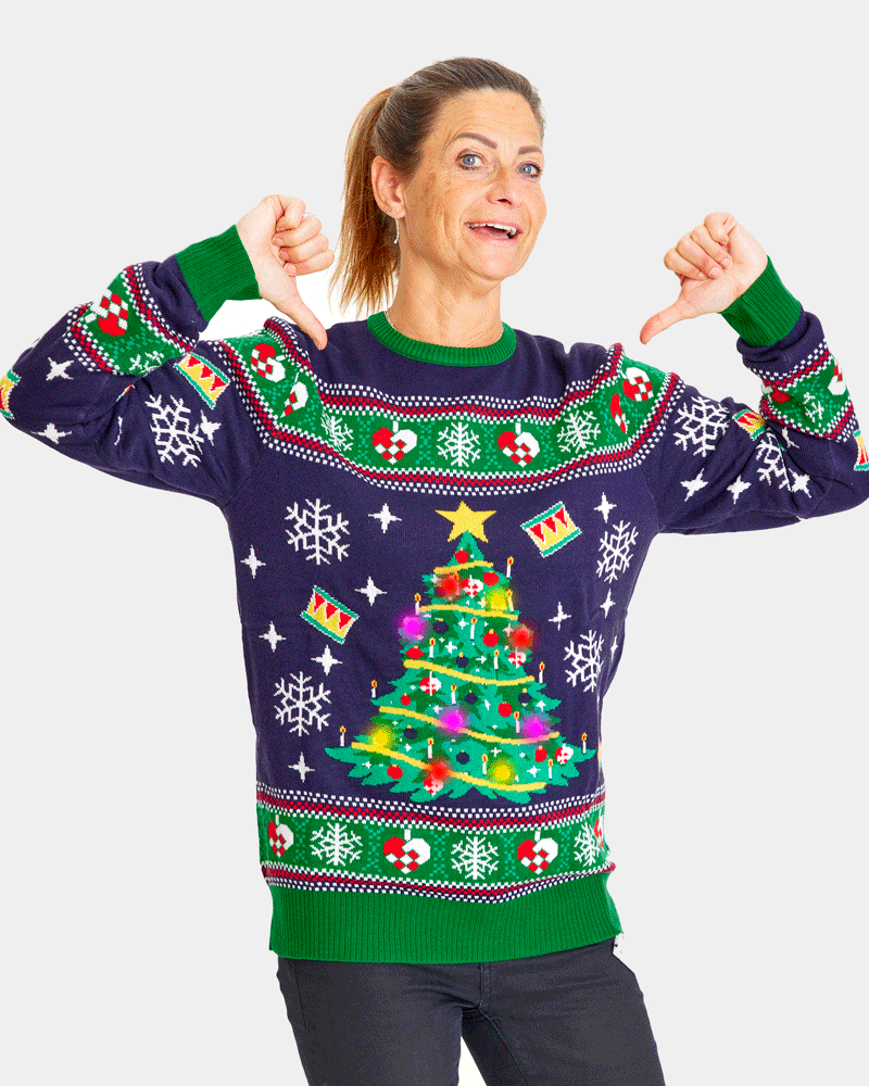Jersey de Navidad con Luces LED Mujer Azul con Árbol Navidad