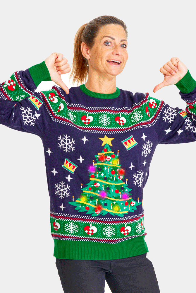 Jersey de Navidad con Luces LED Mujer Azul con Árbol Navidad
