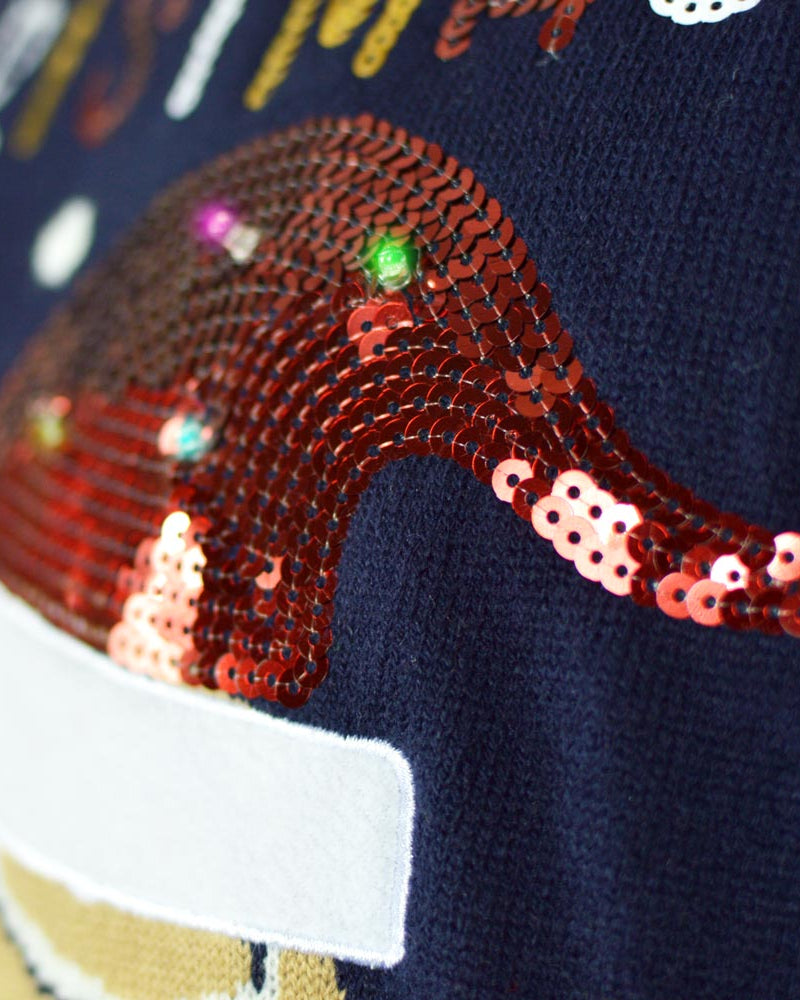 Jersey de Navidad con Luces LED Parejas Azul Ginger Cookie Detalle Gorro
