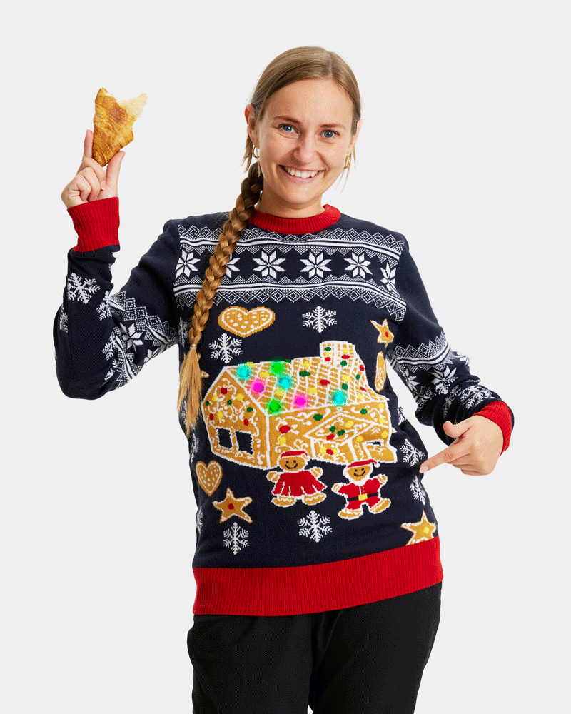 Jersey de Navidad de Luces LED para Familia Casa Gingerbread Mujer
