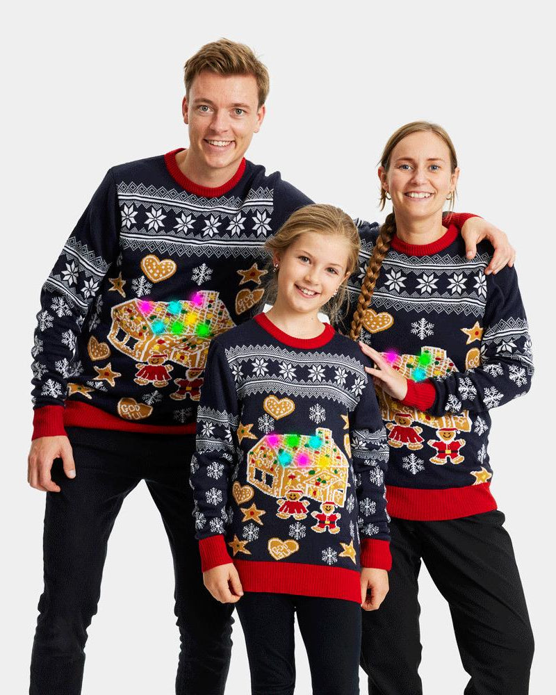 Jersey de Navidad de Luces LED para Familia Casa Gingerbread