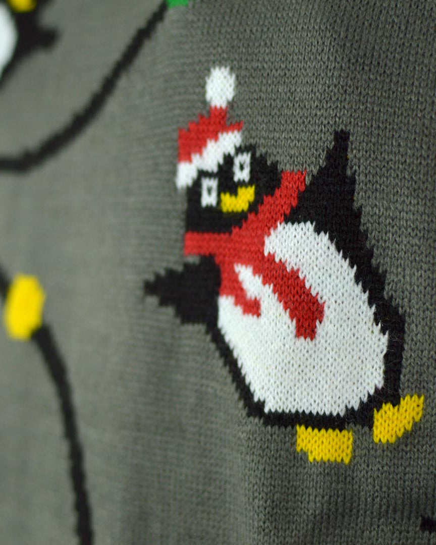 Jersey de Navidad de Luces LED para Familia Gris con Pingüinos Detalle Navidad