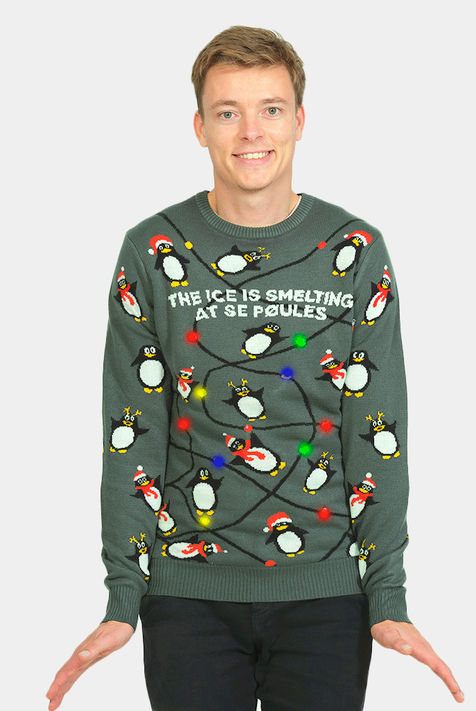 Jersey de Navidad de Luces LED para Familia Gris con Pingüinos Hombre