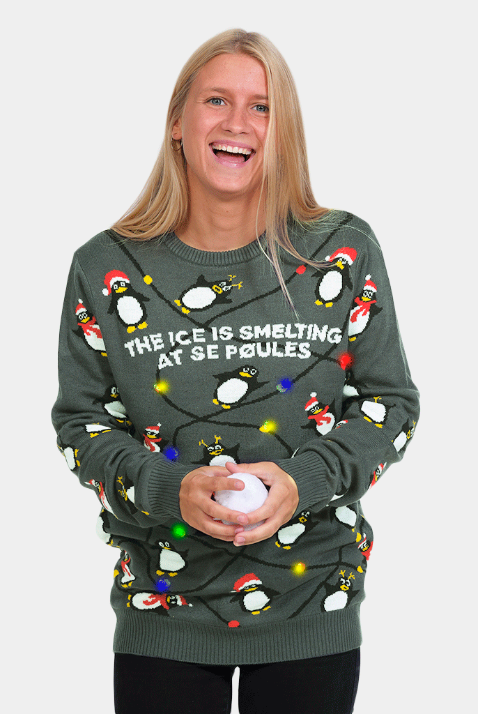 Jersey de Navidad de Luces LED para Familia Gris con Pingüinos Mujer