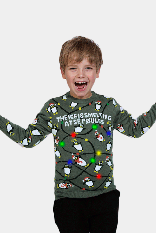 Jersey de Navidad de Luces LED para Familia Gris con Pingüinos Niño